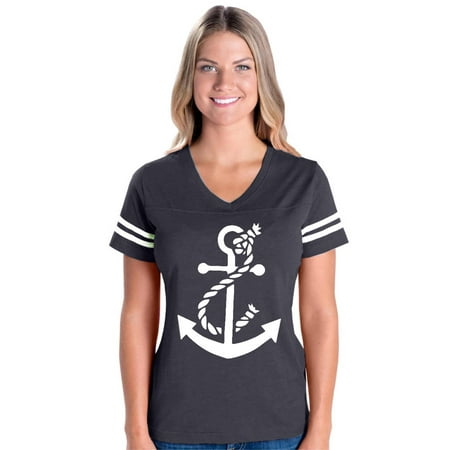 White Anchor Nautical Women's Football V-Neck Fine Jersey (Best Football Neck Protection)