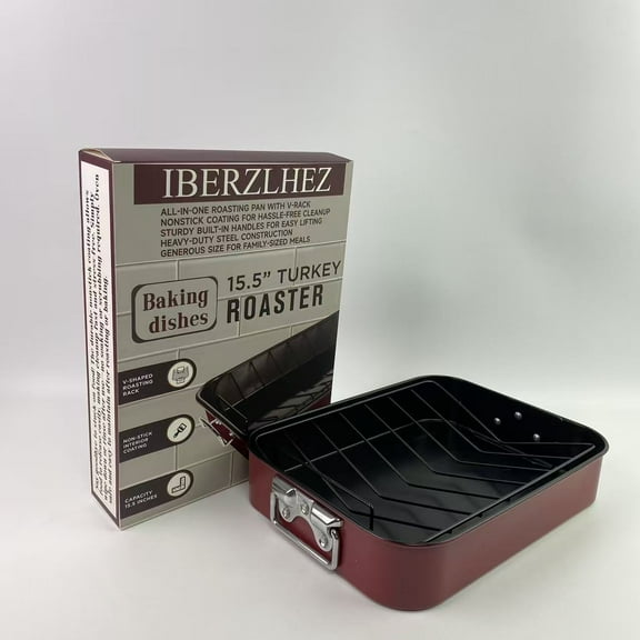 IBERZLHEZ Baking dishes,Roasting Pan with Rack – 15.75" Turkey Roaster Pan with V-Rack, Nonstick Oven Pan for Cooking, Baking & Roasting – Sturdy Handles for Easy Transport