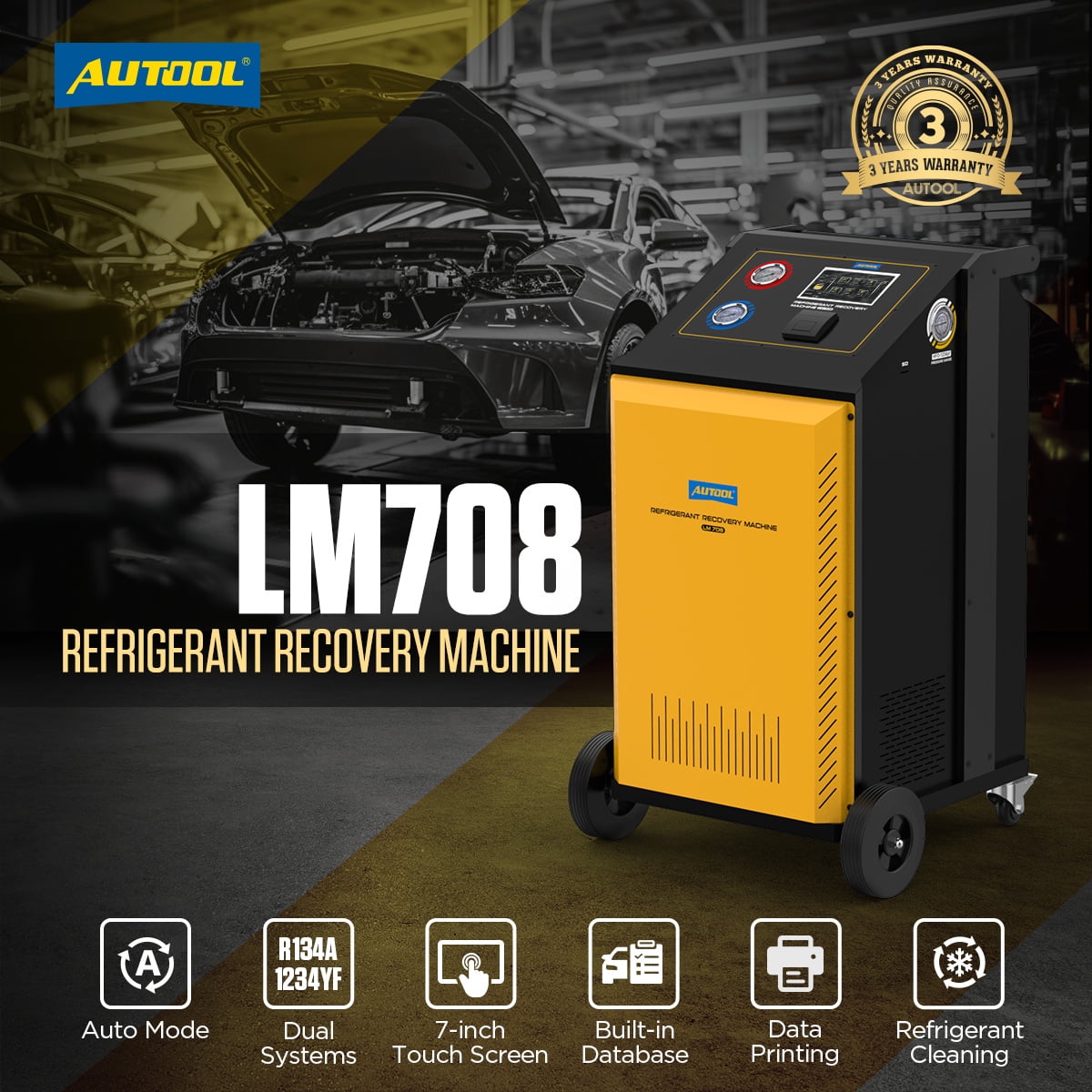 Autool LM708 Automotive AC Recovery Machine, 1100W Automatic Refrigerant Recovery and Recharge for R123a & 1234yf, 7-Inch Touch Screen with Data Print