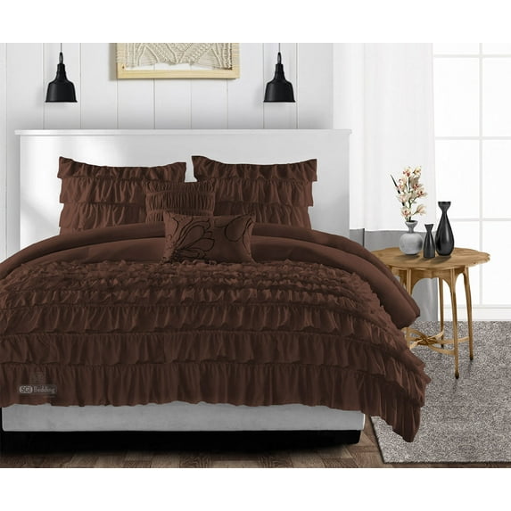 Full Comforter Multi Ruffle Chocolate 300 GSM Plush Siliconized Microfiber Fill Duvet Insert With 1000 Thread Count Egyptian Cotton Shell Fluffy with Piping & Pillowcases