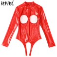 thumbnail image 2 of Lencería Sexy de látex para mujer, mono sin entrepierna con copa abierta, traje de gato de charol con cremallera en la espalda y abertura en el pecho, 2 of 4