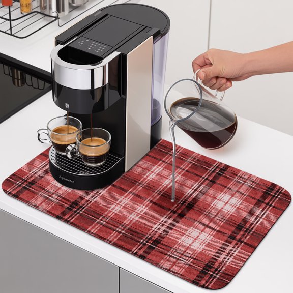 Red Buffalo Plaid Dish Drying Mats for Kitchen Counter, Rustic Farmhouse Absorbent Coffee Bar Mat with Non-slip Rubber Backed Quick Drying Dish Rack Pad 16"x24"