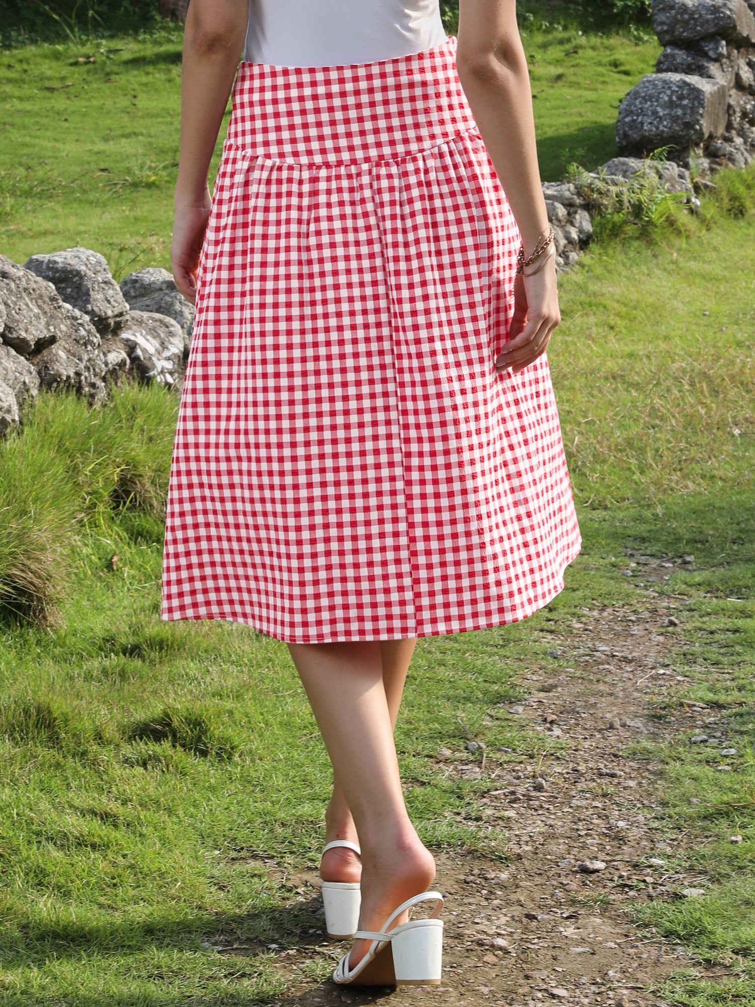 DARING DIVA Women's Summer Retro Below Knee Length Flared Skirts Large Red