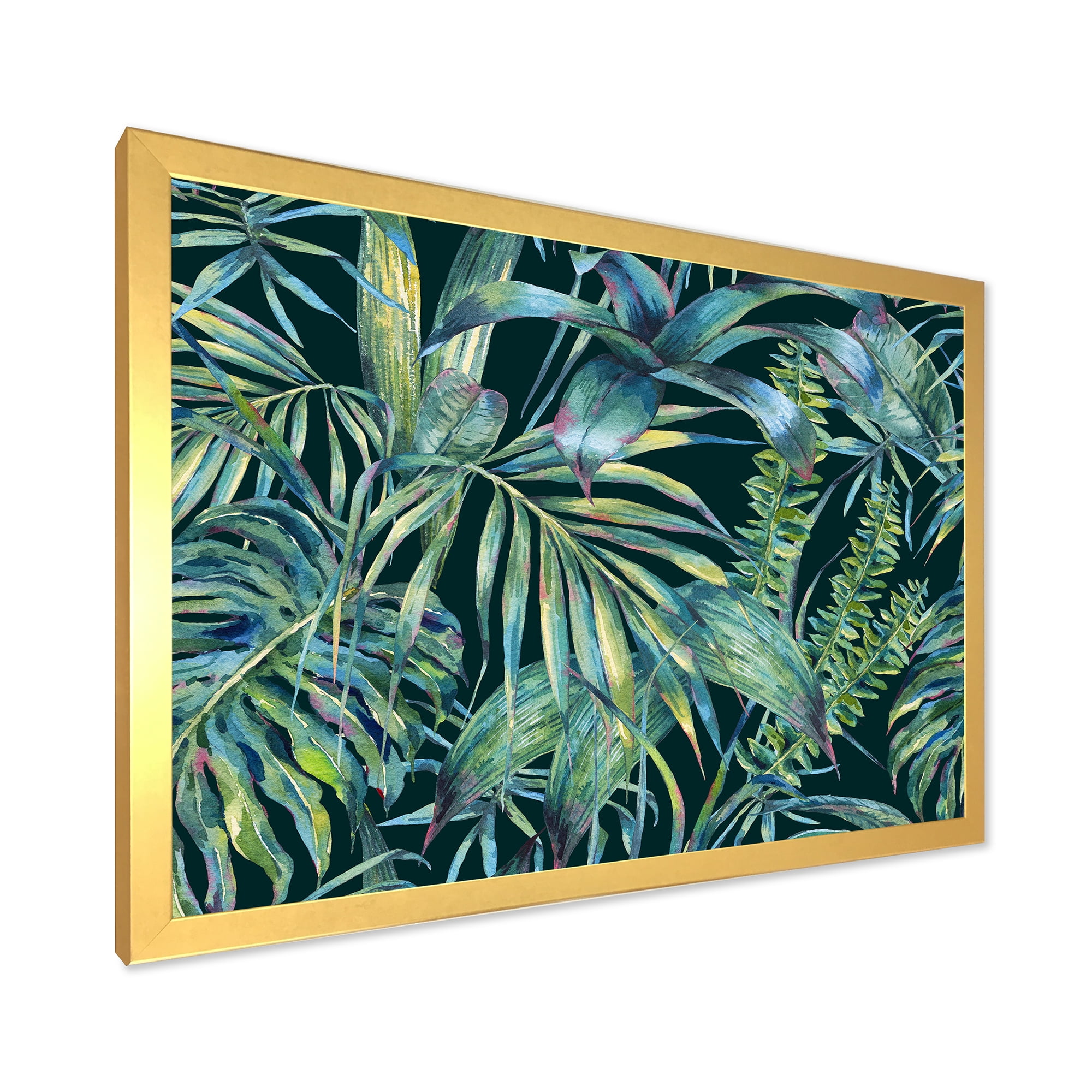 Designart 'Natural Green Leaves Exotic On Dark I' Tropical Framed Art Print