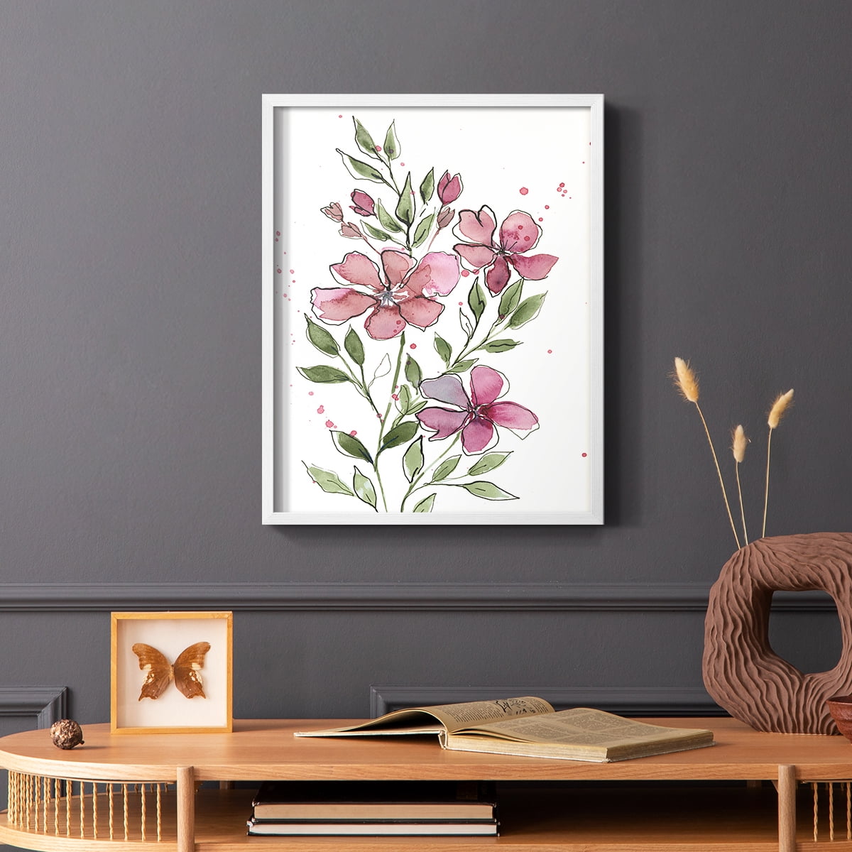 Watercolor Floral Stems I Framed Print in White Solid Wood 11 x 14 Framed Print