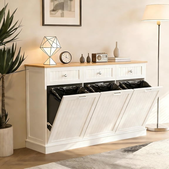 White 30-Gallon Triple Tilt-Out Trash Can Cabinet with 3 Hideaway Drawers, Power Outlets, Pet-Proof Design, and Laundry Hamper