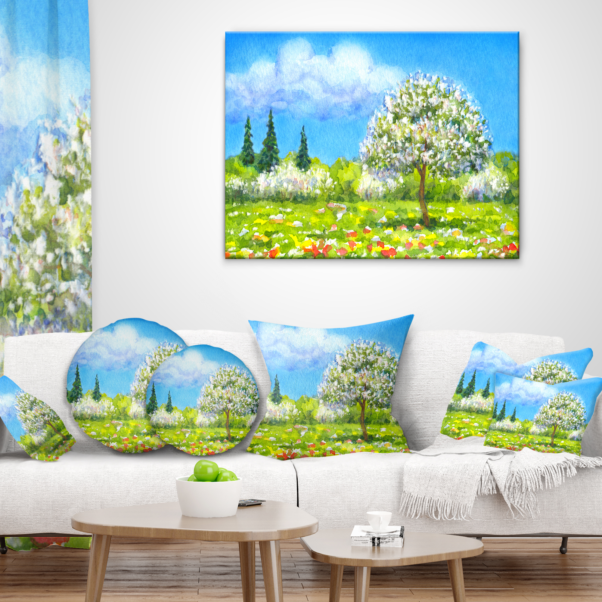 Designart Tree in Different Seasons - Watercolor Landscape Printed Throw Pillow - 12x20