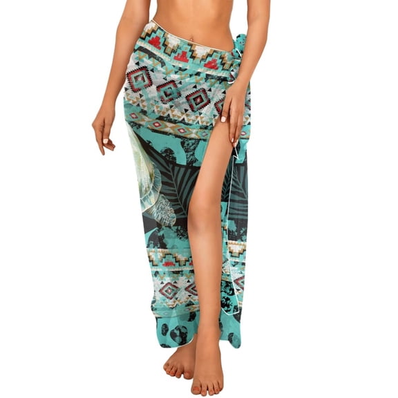 Uourmeti Swim Cover Up for Women Aztec Tribal Turtle Print Chiffon Bikini Wrap Skirt for Swimwear Chiffon Long Bikini Wraps