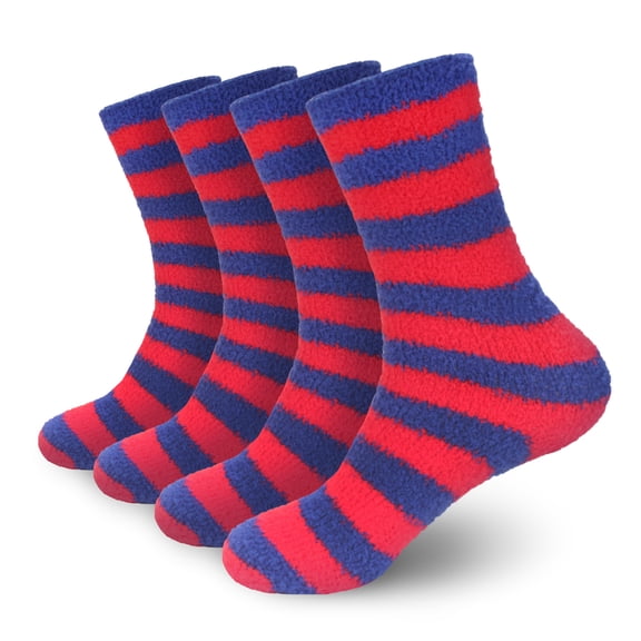 BambooMN Super Soft Fuzzy Team Spirit Striped Socks - 17 Red & Blue - Extra Large - 4 Pairs