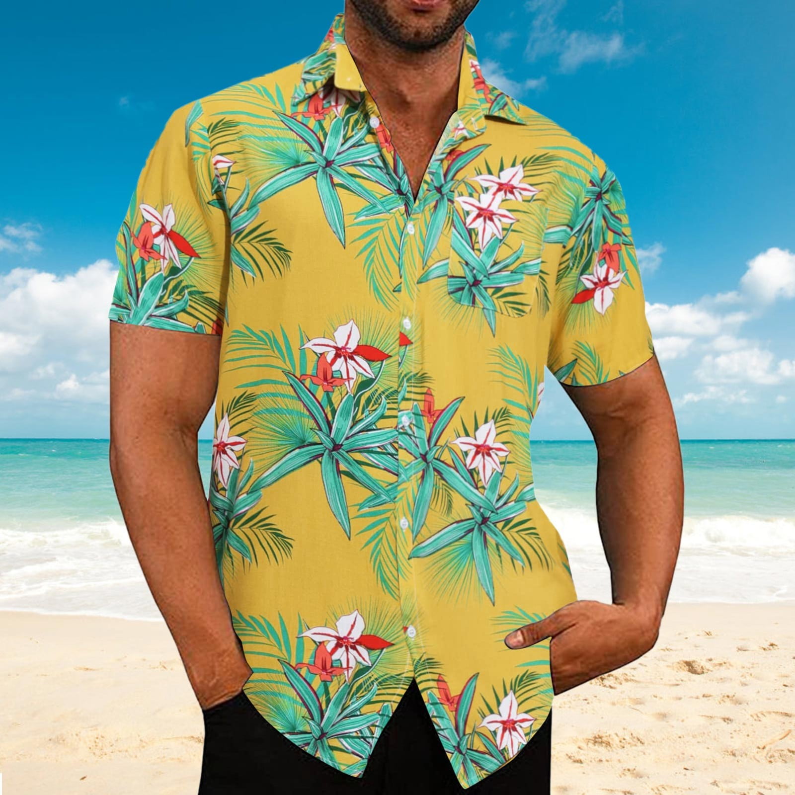 Aayomet Mens Hawaiian Shirts Mens Spring Summer Shirts Casual Hawaiian  Beach Tropical ButtonUp Top Yellow Floral Shirt Red,XL 