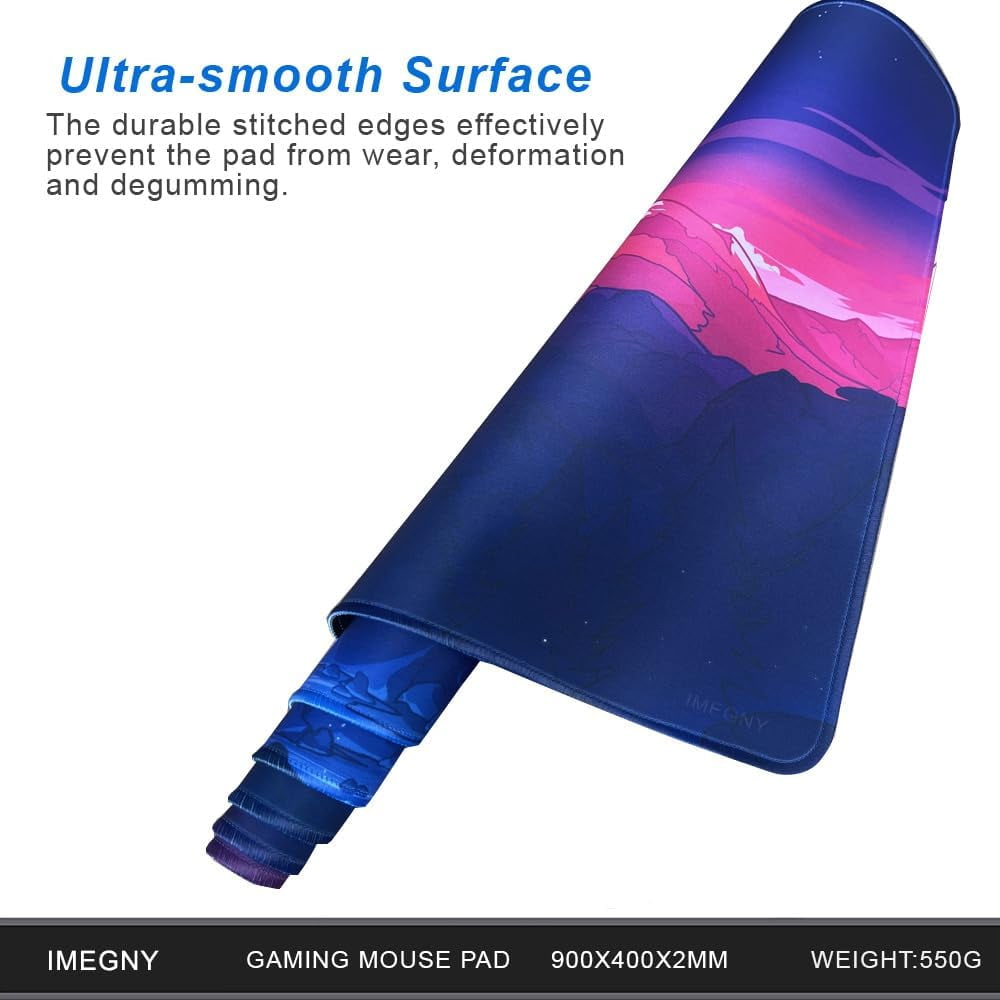 Large Gaming Mouse Pad, Extended XXL Desk Pad & Non-Slip Rubber Keyboard Mat Stitched Edges (90x40 Mountains)