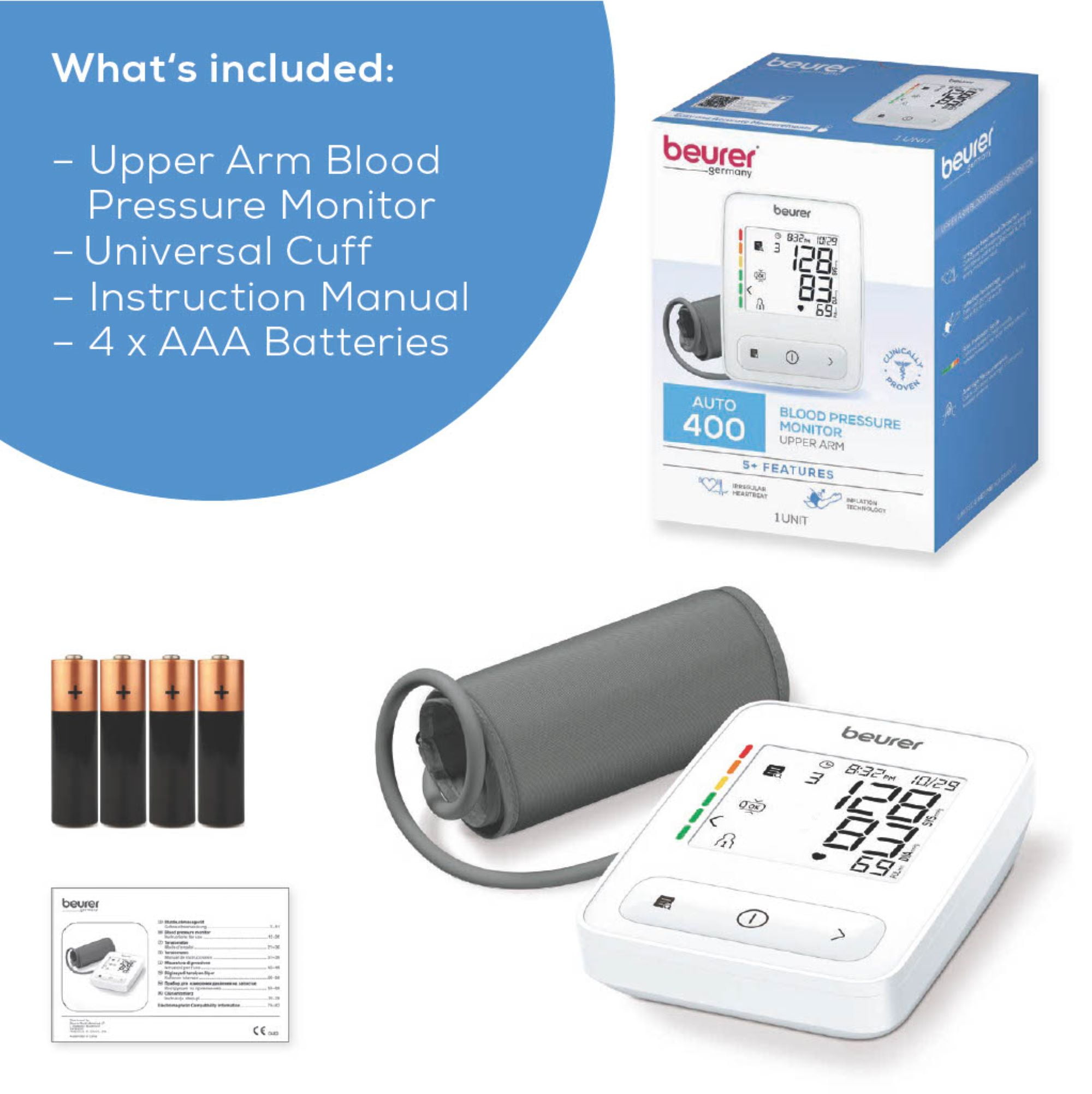 Beurer Auto 400 Blood Pressure Monitor, FSA & HSA Eligible, Wide-Range Upper Arm Cuff, Stores 60 Readings