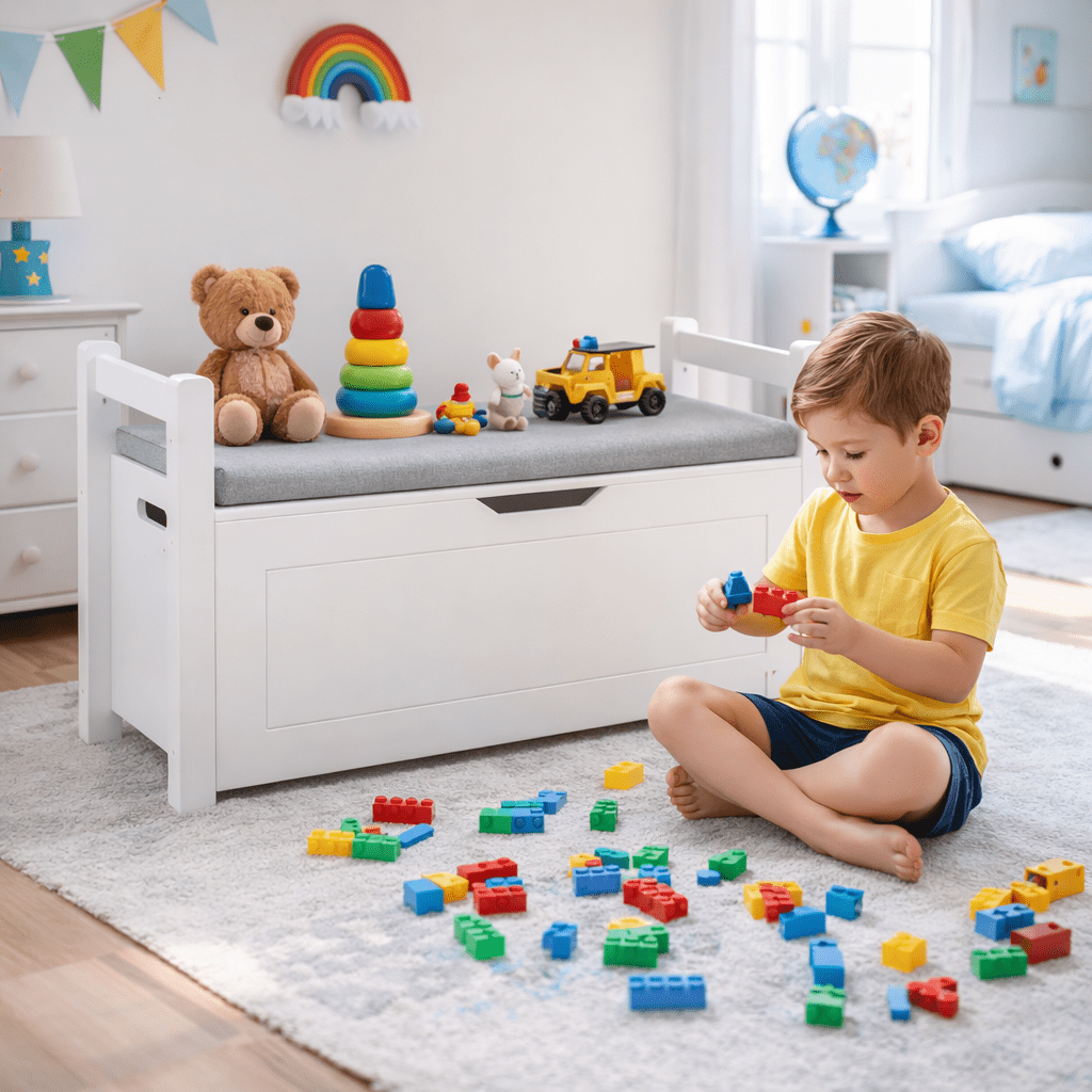 FurnitureR Kids Toy Box Chest with Cushion Seat, White Wooden Storage Bench for Playroom & Nursery, Large Toy Storage Organizer Trunk with Safety Hinge & Flip-Top Lid