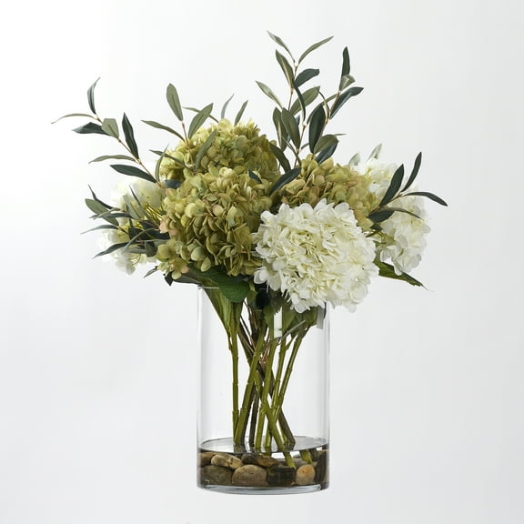 D&W Silks White & Green Hydrangeas with Olive Spray in Large Glass Cylinder