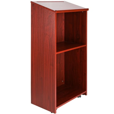 KFFKFF Podium Stand, 47-inch Presenter Station with 4 Mobile Casters, Wooden Stand with Storage Compartments and Angled Desktop, Lecterns & Podiums for Residential, Commercial, Educational