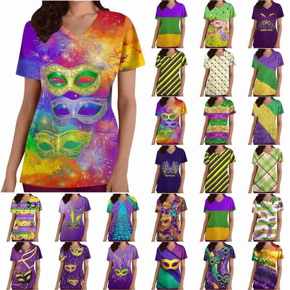 BiZtdJrK Mardi Gras Scrubs for Women Medical V Neck Short Sleeve Working Shirts 2025 Summer Fashion Graphic Scrub Tops with Pockets Purple M