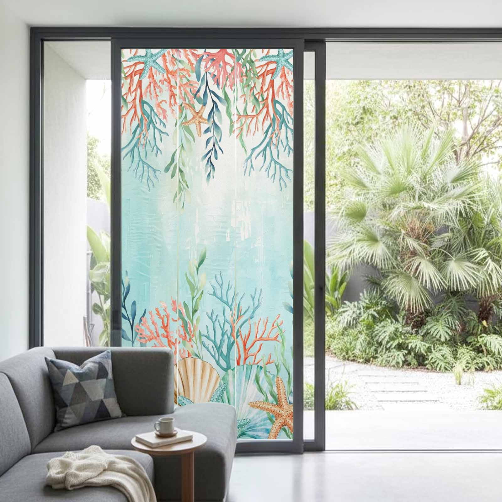 Ocean Starfish Seaweed Window Privacy Film, Summer Coastal Beach Shell Coral Teal Static Cling UV Sun Blocking Heat Control Window Tint Day and Night, Non-Adhesive One Way Privacy Cover 35.4''x78.7''