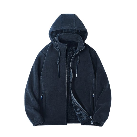 Men's Solid Color Loose Casual Zip-Up Detachable Hood Warm Long Sleeve Fleece Jacket Navy XXXXL