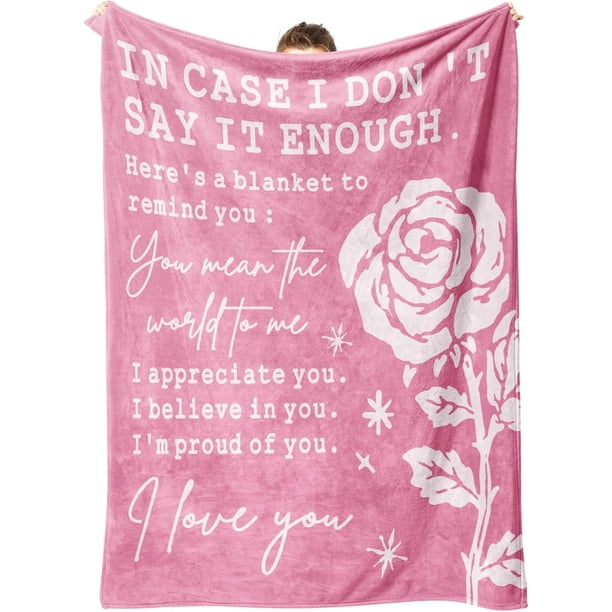 LHSHID Gifts for Her Pink Blanket with Rose Print Anniversary Birthday Mothers Day Valentines Day I Love You Gifts for Girlfriend Wife Soft Throw Blanket 40x50in
