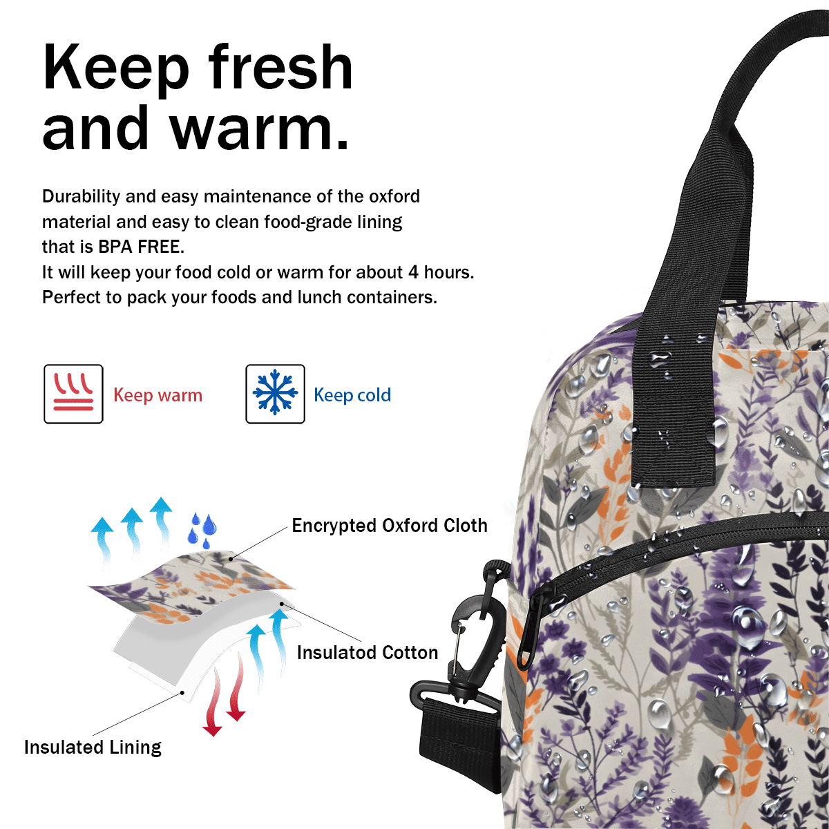 Herdesigns Floral Insulated Lunch Bag for Women Men Adults Large Reusable Lunch Box Lavender Leakproof Cooler Tote Bags with Adjustable Shoulder Strap
