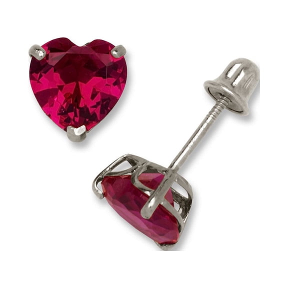 14k White Gold Red 6x6mm Heart Shaped Cubic Zirconia Screw-Back Earrings