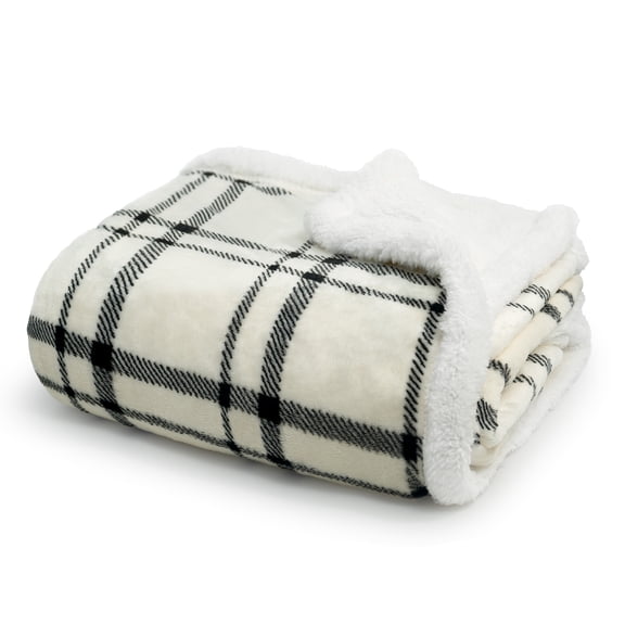 Americanflat Fleece and Reverse Sherpa Throw Blanket - 50x60 Inch Classic Tattersall Plaid - Ultra Soft Cozy Couch Cover - Warm Reversible Design - Black