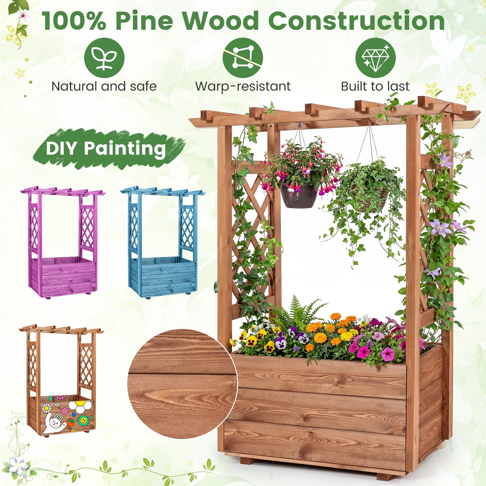 Gymax Wooden Raised Garden Bed/ Lattice Trellises Hanging Roof Drainage Indoor Outdoor