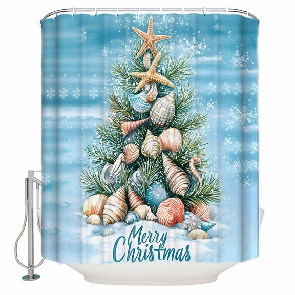 Small Stall Shower Curtain 36x72 Inch Narrow Half Size Blue Coastal Christmas Bath Curtains Bathroom Decor Nautical Summer Beach Shell Conch Waterproof Fabric Shower Curtain Set with Hooks 36 Inch