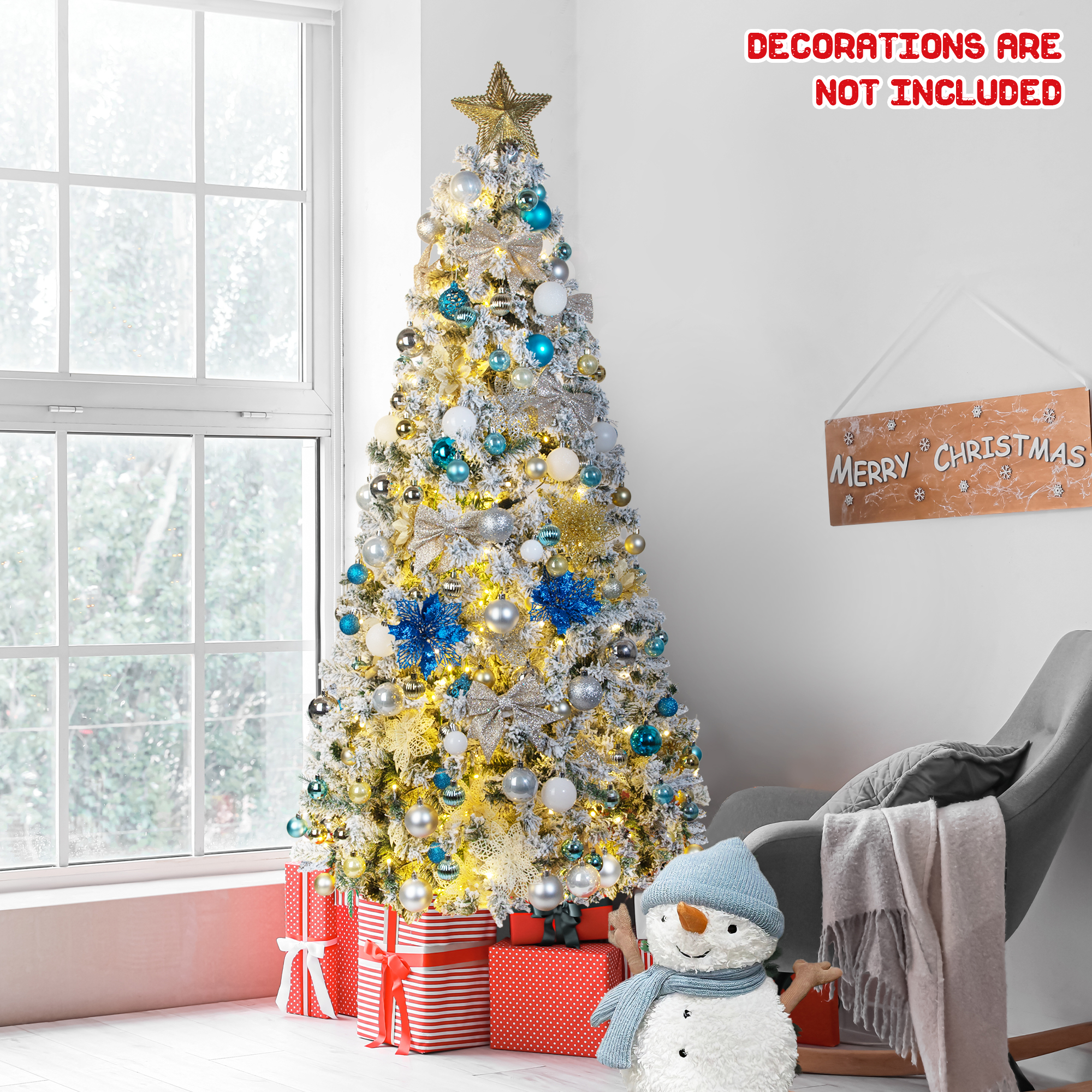 7.5FT Prelit Blue Christmas Tree, Full Xmas Pine Tree with 1300 Branch Tips 400 Cold Warm Light for Holiday Indoor Outdoor Decoration