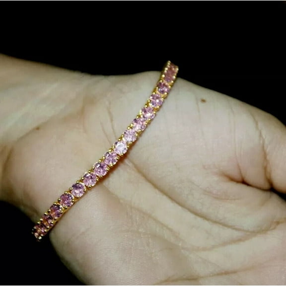 Pink Sapphire Tennis Bracelet 8.5Ct Round Cut Lab Created 14K Yellow Gold Plated