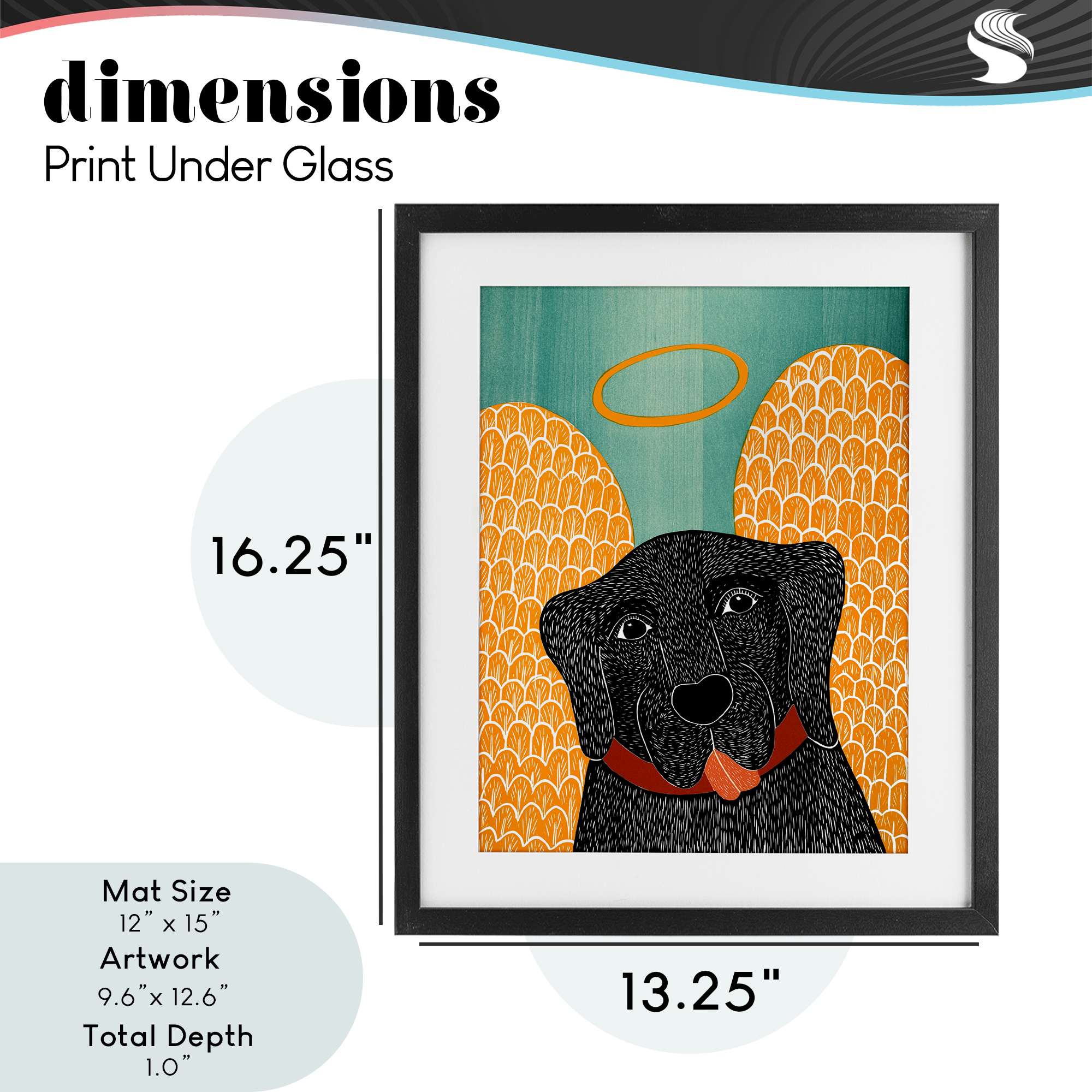 Dog Angel with Yellow Wings Black Framed Print Under Glass, design by Stephen Huneck