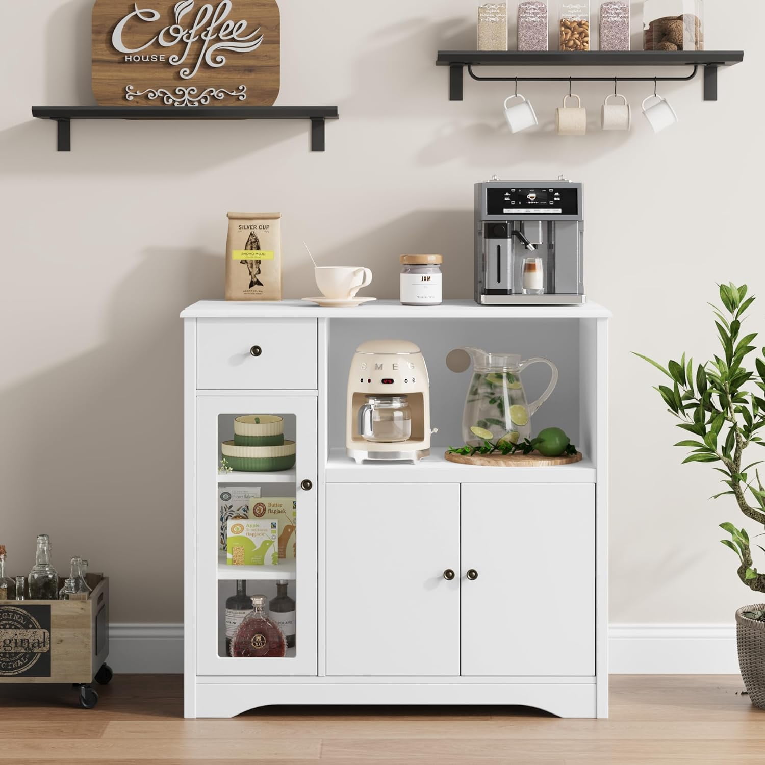 Storage Cabinet with 3 Doors and 1 Drawer, Buffet Cabinet Sideboard with Adjustable Shelves, Microwave Stand Cabinet for Kitchen, Dining Room, White