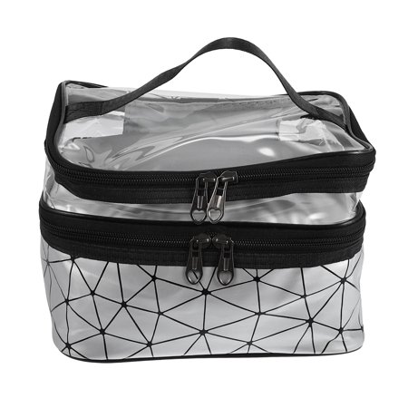 Unique Bargains 1 Pcs Double Layer Makeup Bag Cosmetic Travel Bag Case Make Up Bag Clear Bags Plaid Pattern Silver Tone