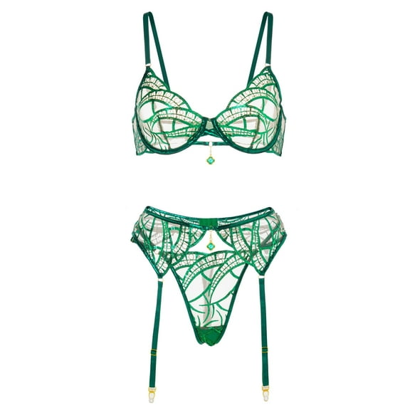 Luxe Green Metallic Foil Lace Lingerie Set (GREEN, S)