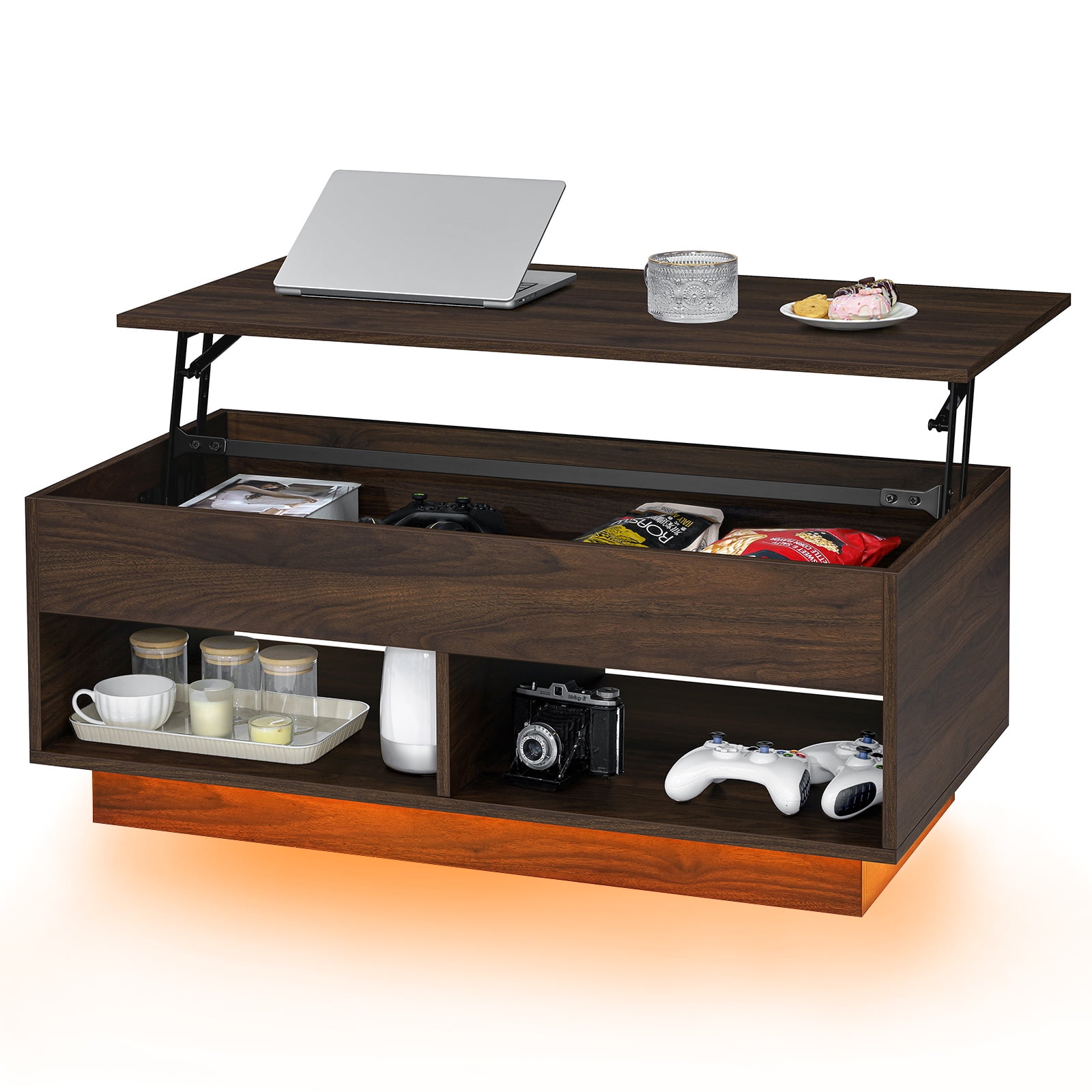 Hommpa Lift Top Coffee Table with Hidden Compartment LED Coffee Tables Dark Walnut Center Rising Cocktail Table for Living Room Accent Furniture