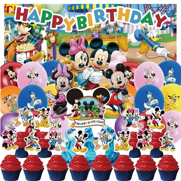 34 PCS For Mickey Theme For Mouse Clubhouse Birthday Party Decorations,With 13 Cupcake Toppers,18 Balloons,2 Foil Ballons,5*3ft Birthday Backdrop Decorations for Party Decorations