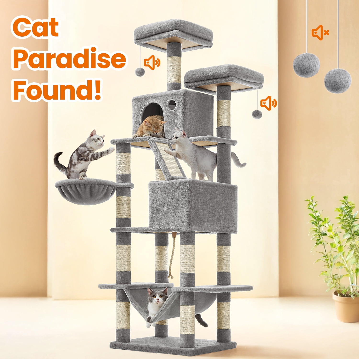 LEDREM 66.1-Inch Multi-Level Cat Tree with 2 Perches, 2 Caves, Hammock & 13 Scratching Posts – Plush Climbing Tower for Indoor Cats, Light Gray