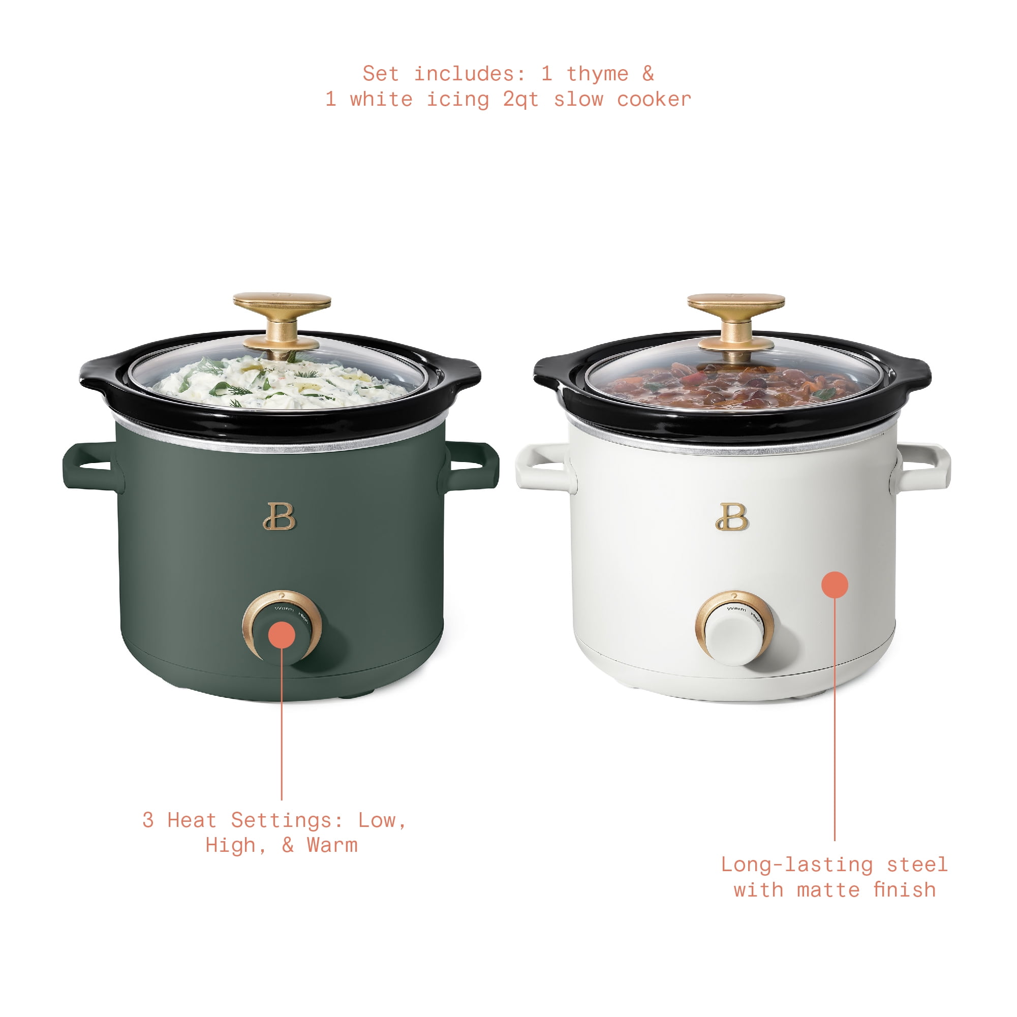 Beautiful 2-Pack 2qt Slow Cooker, Thyme Green, White Icing by Drew Barrymore