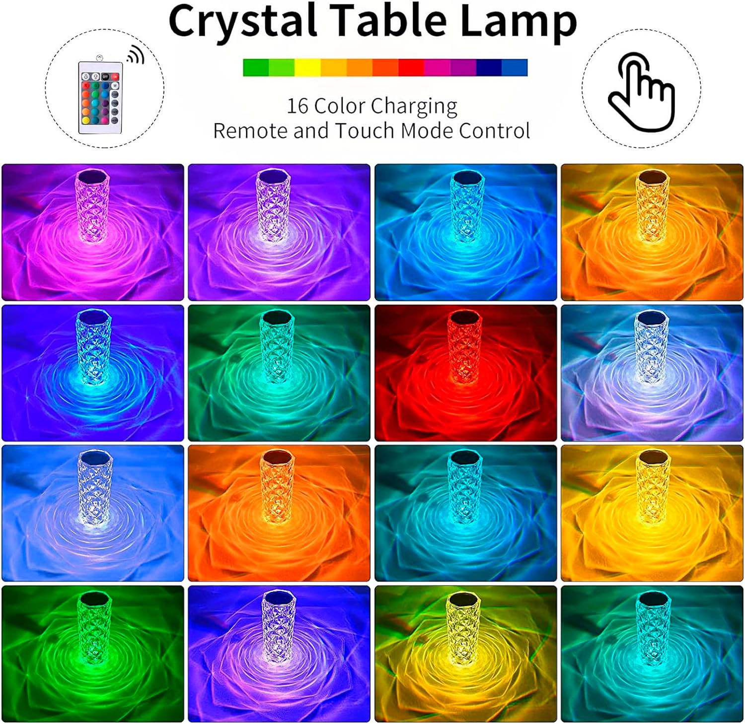 EvoFine Crystal Table Lamp RGB 16 Color Changing Night Light, Romantic USB Rechargeable Rose Table Lamps for Living Room Housewarming Gift (Remote & Touch)