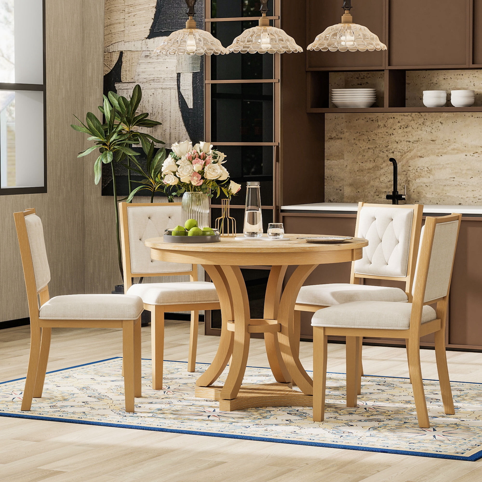 Euroco 5-Piece Retro Dining Table Set for 4,Extendable Round Table and 4 Upholstered Chairs Set for Living Room,Natural