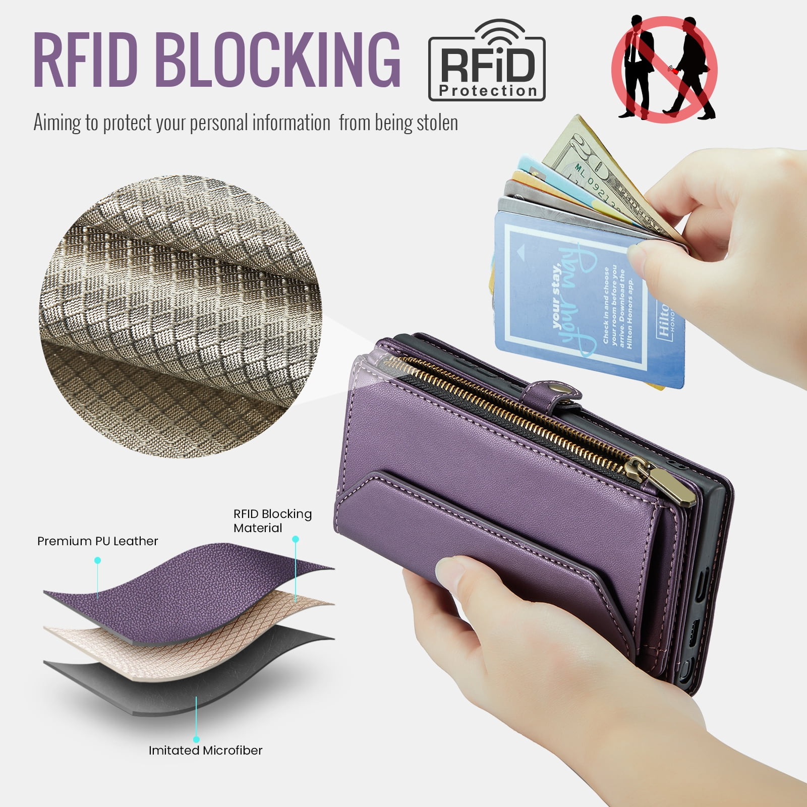 Compatible with Samsung Galaxy S24 Ultra 5G Zipper Wallet Phone Case Tempered Glass Screen Protector Crossbody Lanyard Strap Flip Card Holder Slot Cell Cover for S24Ultra 24S S24 24Ultra Women Purple