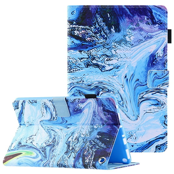 PU Leather Marble Case for Fire HD 10.1" (11th Gen 2021), Fire HD 10 Plus Cover with Pen Holder, Allytech Stand Cover Colorful Pattern Shockproof Auto Wake Sleep Case with Card Slots, Blue Marble