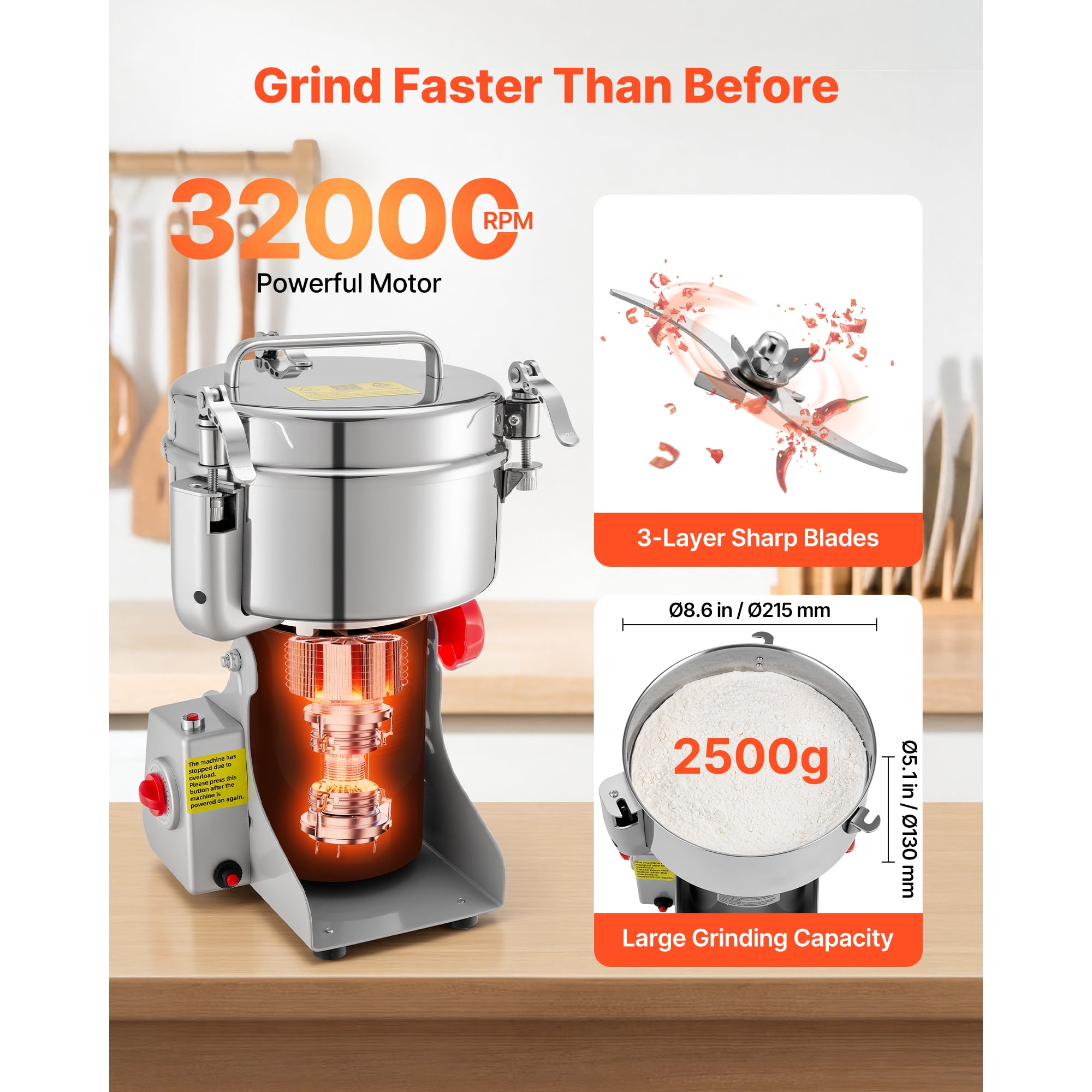 KFFKFF 2500g Electric Grain Mill Grinder, 3400W 32000RPM High-Speed Machine for Grinding Dried Grains, Coffee Beans, Spices, and Nuts, Stainless Steel Pulverizer with 270° Swing Design