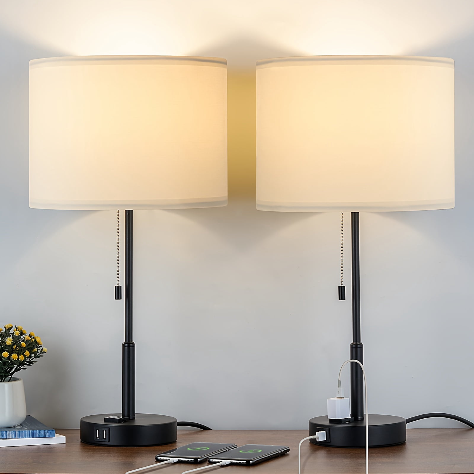 Modern Style Large Table Lamp Set, with 2 USB Ports And a 3-Hole AC Socket Table Lamp, Suitable for Bedroom, Living Room, Study, Including LED Light Bulb, 21.7 Inches High