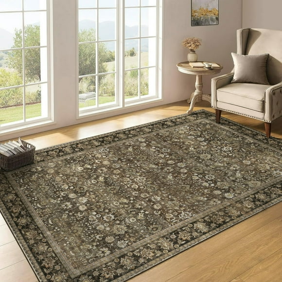 BERTHMEER Tapis 90 X 150 cm Brun pour Salon, Chambre, Salle à Manger, Cuisine, Antidérapant, Lavable, Style Campagnard, Bureau, Oriental, Vintage.
