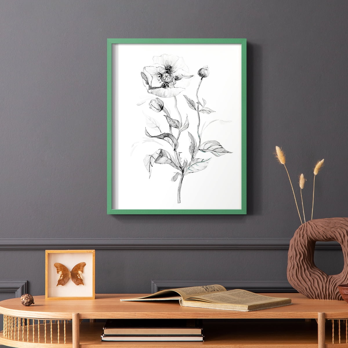 Wild Poppy Sketch Framed Print in Green Solid Wood 8 x 10 Framed Print