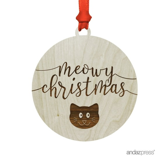 Funny Laser Engraved Wood Christmas Ornament with Gift Bag, Meowy Christmas, Cat Graphic