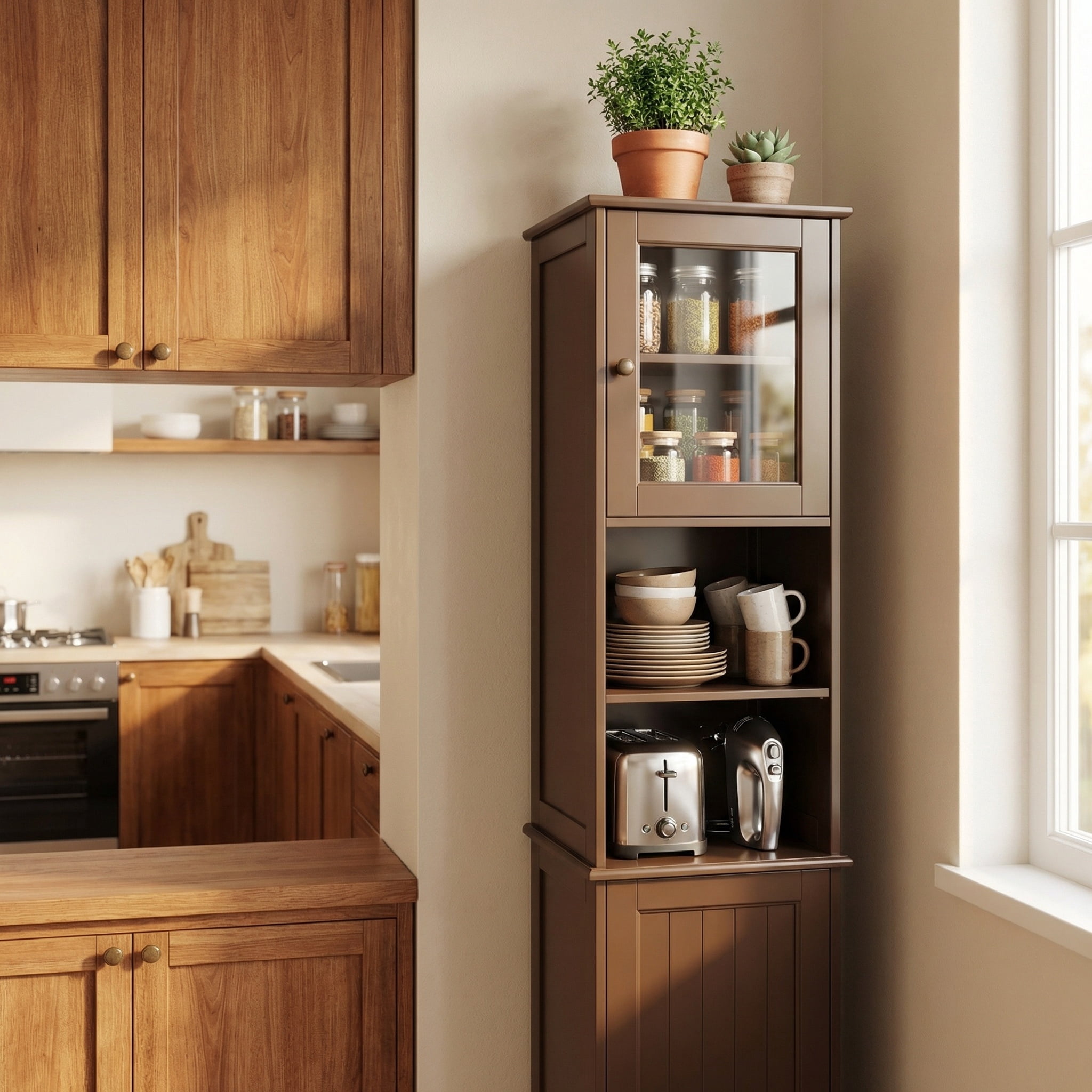 Lofka 67”H Tall Bathroom Storage Cabinet with Adjustable Shelves, Narrow Tall Linen Tower  with Two-Way Doors, Dark Brown