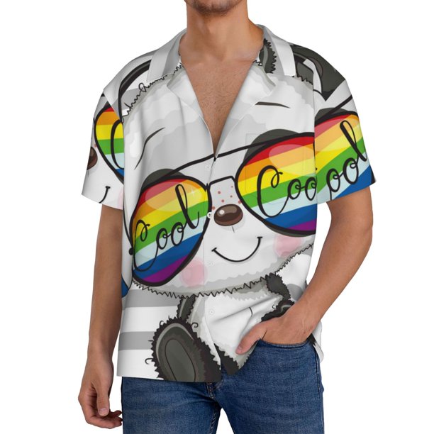 Balery Panda with Sun glasses Camisa Casual de Manga Corta con Botones para Hombre, Texturizada, Estilo Cubano, para Playa, Verano-4X-Large