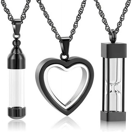 3 Pack Hourglass Urn Necklaces for Ashes Heart Cremation Stainless Steel Glass Bottle Pendant Keepsake Timeless Memorial Jewelry Gift for Women Men
